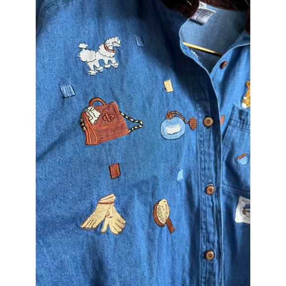 Vintage Embroidered Denim Shirt Women’s Large – Velvet Collar – 90s Cottagecore - Picture 2 of 6